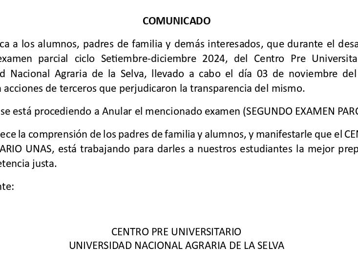 COMUNICADO SOBRE EL SEGUNDO EXAMEN PARCIAL CPU SETIEMBRE - DICIEMBRE 2024