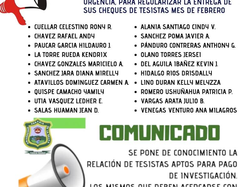 Acercarse a Tesoreria los siguientes personas