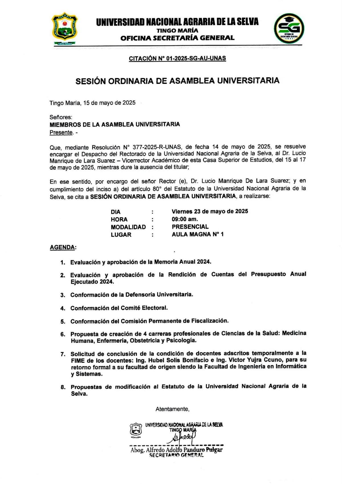 SESIÓN ORDINARIA DE ASAMBLEA UNIVERSITARIA