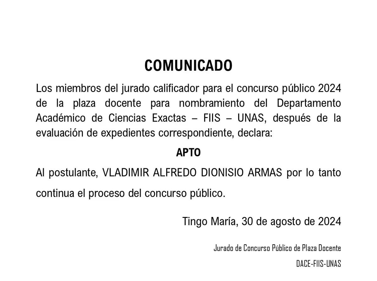 COMUNICADO: CONCURSO PUBLICO 2024 DE LA PLAZA DOCENTE PARA EL NOMBRAMIENTO DEL DEPARTAMENTO ACADEMICO DE CIENCIAS EXACTAS FIIS - UNAS