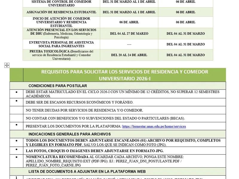 Cronograma de Convocatoria para la Evaluación y Selección de Beneficiarios de Residencia y Comedor Universitario Semestre 2026-I
