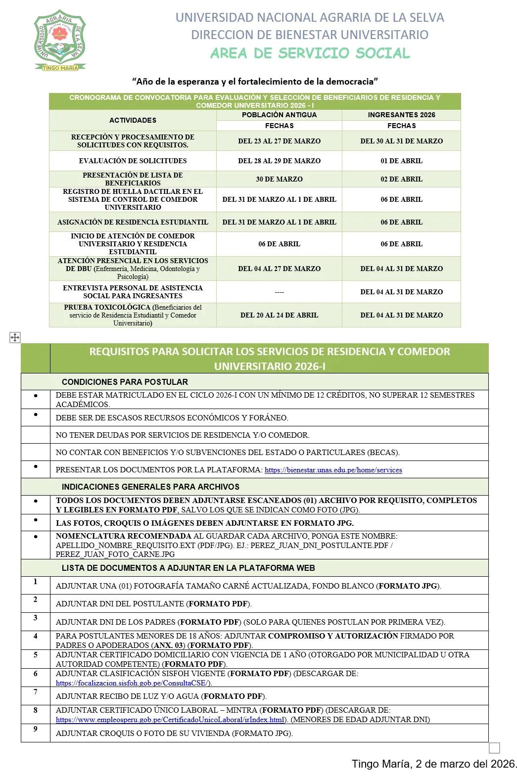 Cronograma de Convocatoria para la Evaluación y Selección de Beneficiarios de Residencia y Comedor Universitario Semestre 2026-I