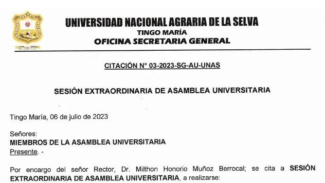 CITACION SESION EXTRAORDINARIA DE ASAMBLEA UNIVERSITARIA