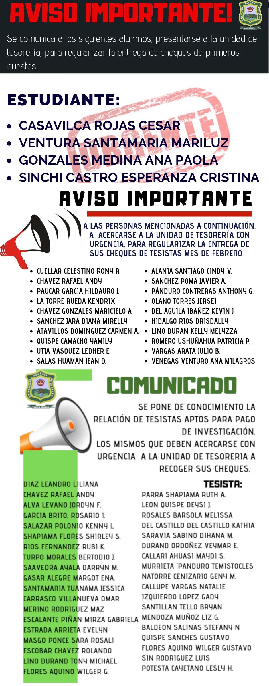 Acercarse a Tesoreria los siguientes personas